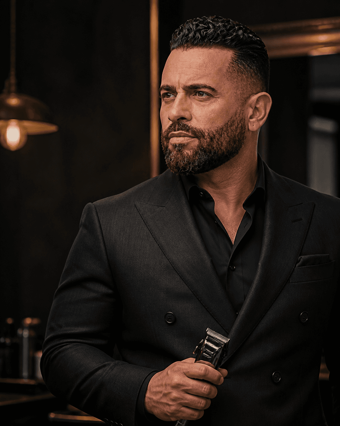 Editorial portrait of Casper in a tailored dark suit holding barber clippers.